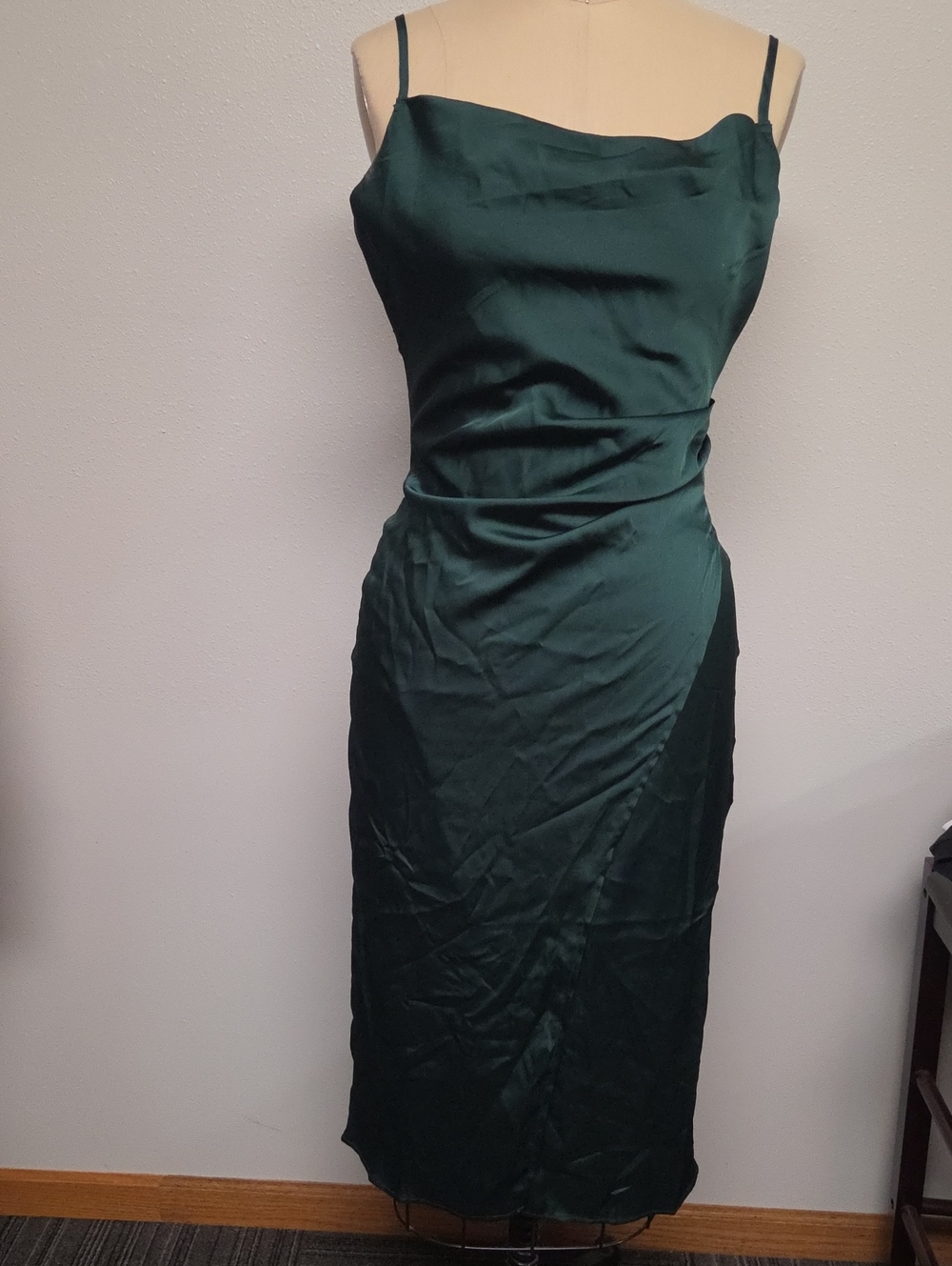 re:named Deep Emerald Satin Slip Midi Dress with Spaghetti Straps